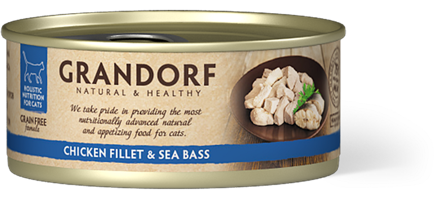 GRANDORF Chicken Breast & See Bass konservi kaķiem 70g