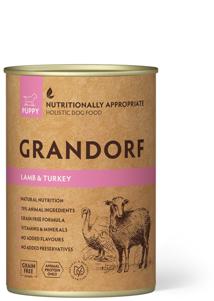 GRANDORF Dog Lamb & Turkey – Puppy konservi kucēniem 400g