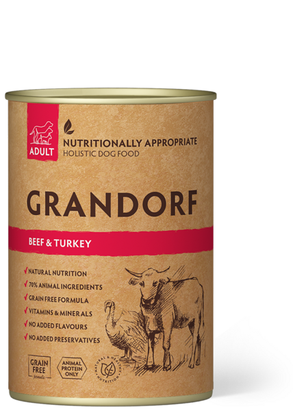 GRANDORF Dog Beef & Turkey konservi suņiem 400g