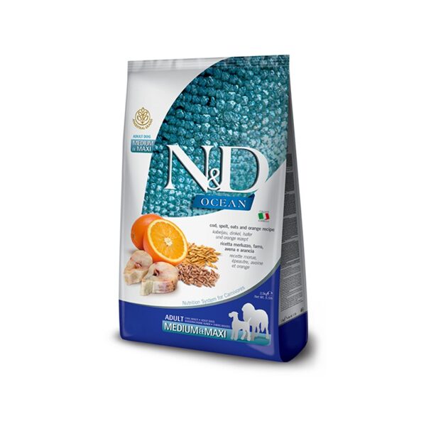 N&D DOG OCEAN ANCESTRAL GRAIN CODFISH ORANGE MEDIUM MAXI 12KG