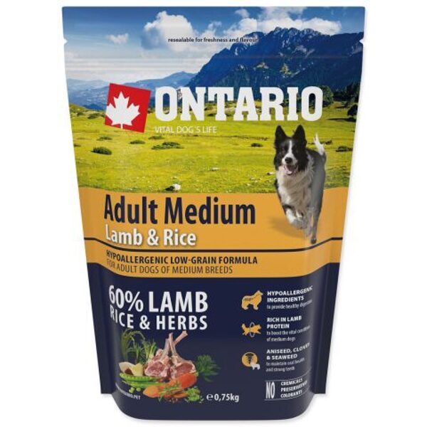 ONTARIO Adult Medium Lamb and Rice, 0,75 kg