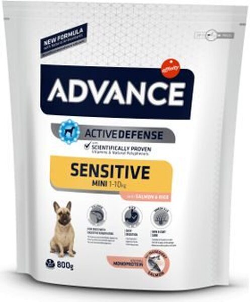 ADVANCE DOG MINI ADULT SENSITIVE SALMON & RICE 0,8KG - JUTĪGIEM SUŅIEM (LASIS AR RĪSIEM)