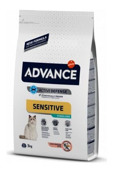 ADVANCE CAT STERILIZED SENSITIVE 3.0KG - STERILIZĒTIEM KAĶIEM (LASIS UN RĪSI)