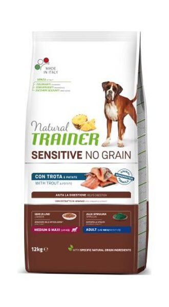 NATURAL TRAINER DOG SENSITIVE NO GRAIN ADULT MEDIUM/MAXI TROUT 12 KG