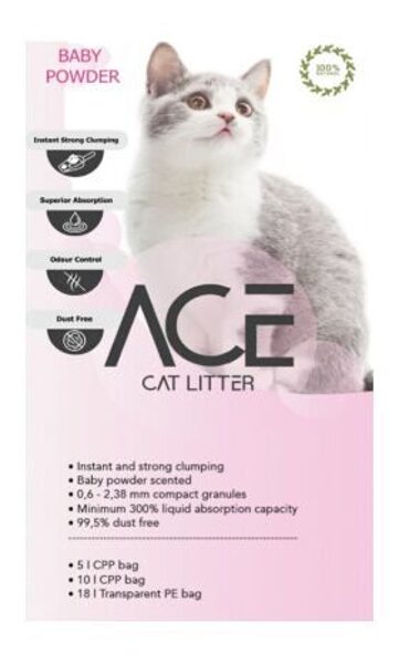 ACE Baby Powder CAT LITTER 10 LT - cementējošās smiltis kaķu tualetei ar bērnu pūderi 10 L