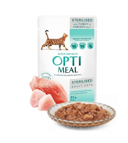 Optimeal – konservi sterilizētiem kaķiem ar tītaru un vistas gaļu mērcē 85g