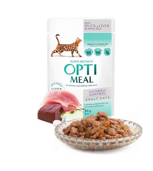 Optimeal – konservi kaķiem ar spalvu izvades kontroli ar pīli, teļu, aknu gab. ābolu želejā 85 g