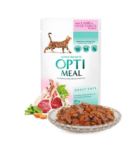 Optimeal konservi pieaugušiem kaķiem ar jēra gaļu un dārzeņiem želejā 85g