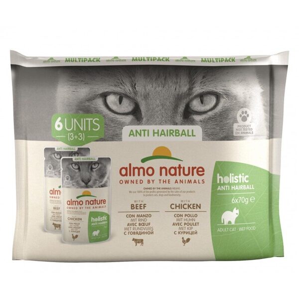 Almo Nature HOLISTIC ANTI HAIRBALL ar liellopu un vistu, 6x70g