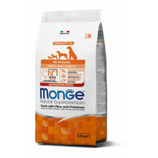 MONGE ALL BREEDS Puppy & Junior Duck. Rice and Potatoes 2,5 kg