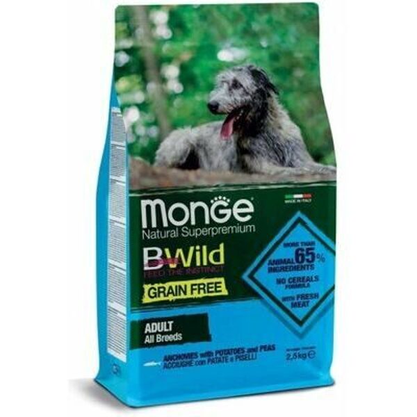 MONGE BWILD GF with Anchovies, Potatoes & Peas 2,5 kg
