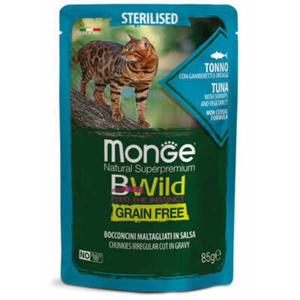 MONGE BWILD pouches Cat Sterilised Tuna with shrimps, vegetables 85 g