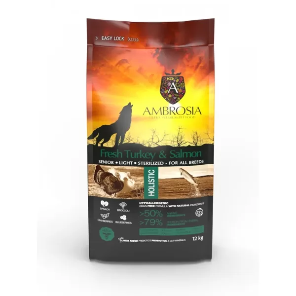 Ambrosia Grain Free Turkey & Salmon Senior/Light/Sterilized All Breeds 12kg