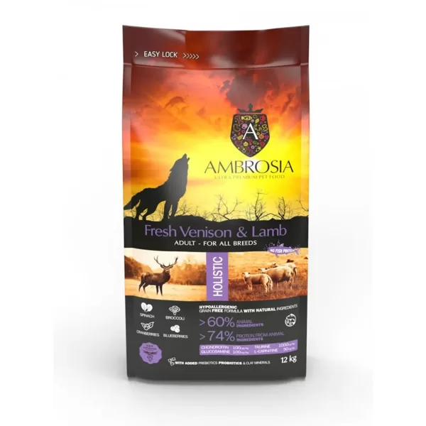 Ambrosia Grain Free Fresh Venison & Lamb Adult All Breeds 12kg